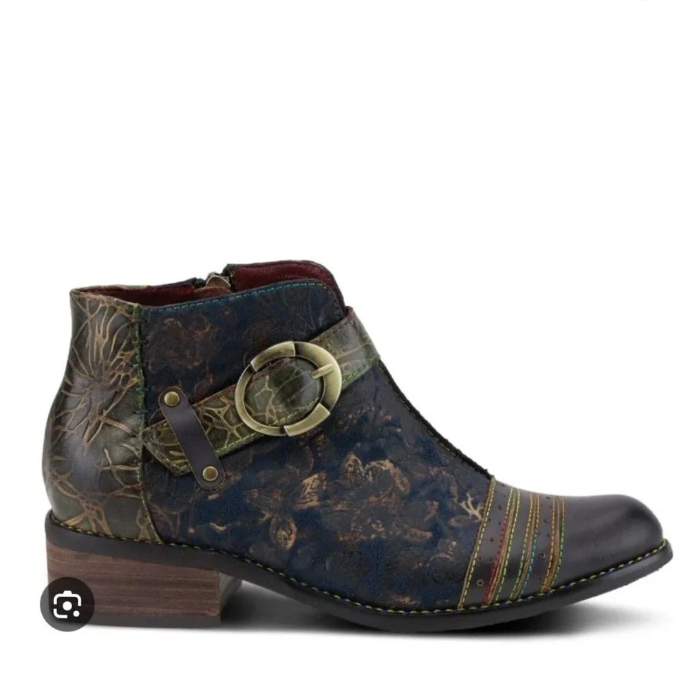 L'Artiste Spring Step Georgiana Blue Floral Leather Ankle Boots Rainbow- 6.5